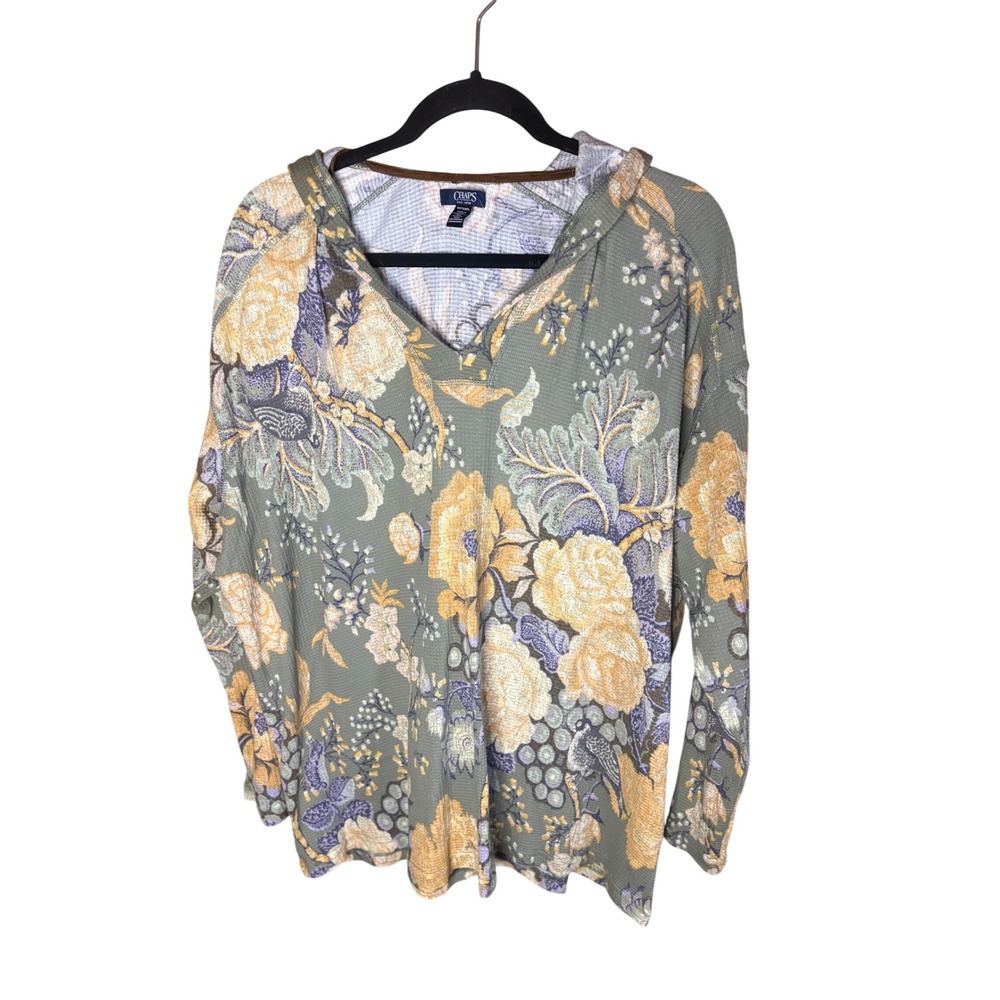 Chaps Womens Waffle Knit Hoodie Floral Sage Green 1X NWT